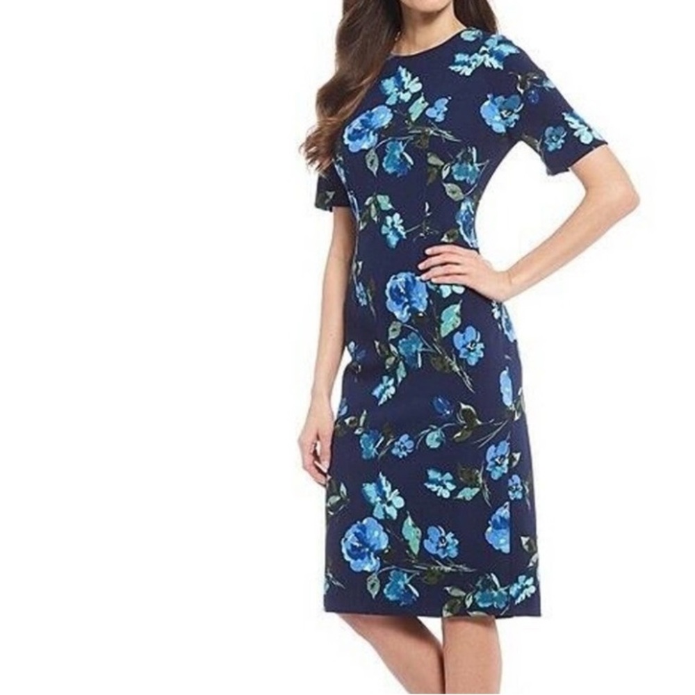 Maggy London Navy Floral Sheath Dress with Crew Neck